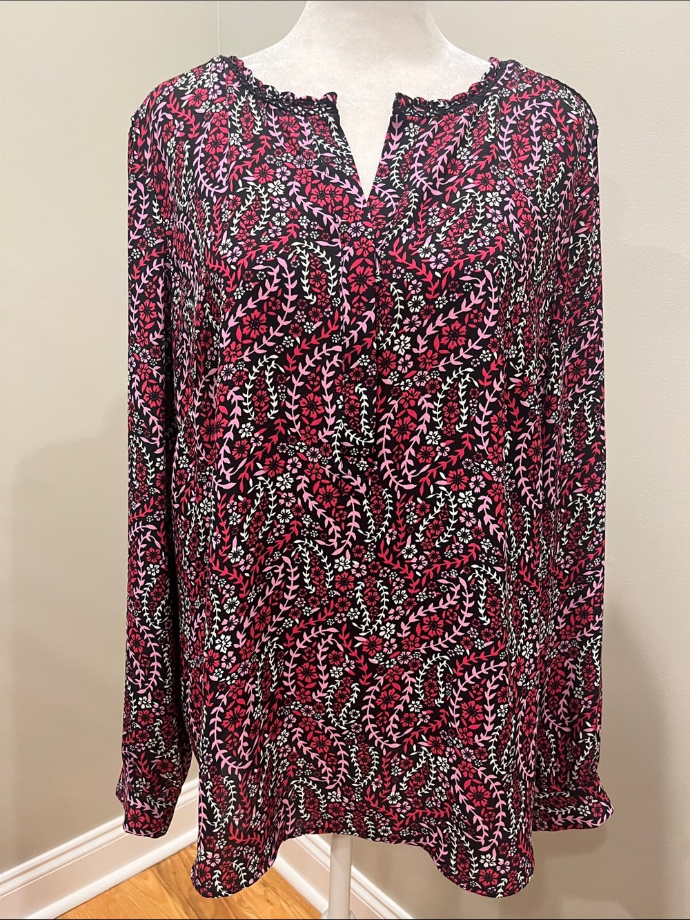 Talbots Pink Black Floral Paisley Long Sleeve Blouse